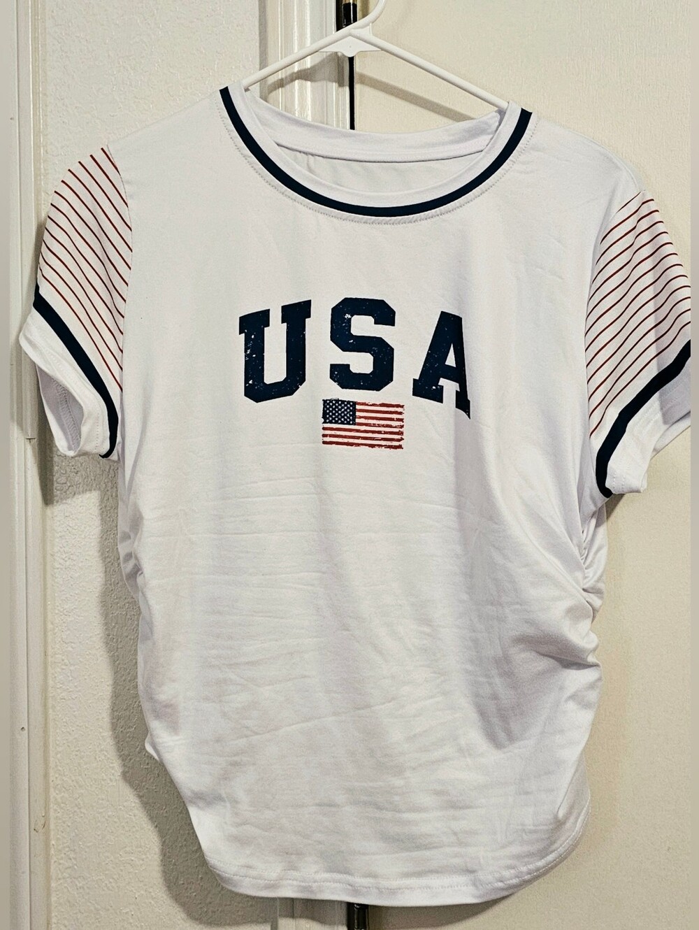 White USA Graphic Kids Tee with Navy Trim